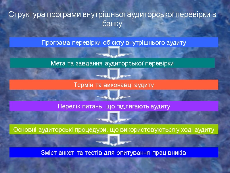 Програма перевірки об’єкту внутрішнього аудиту Мета та завдання аудиторської перевірки Термін та виконавці аудиту
